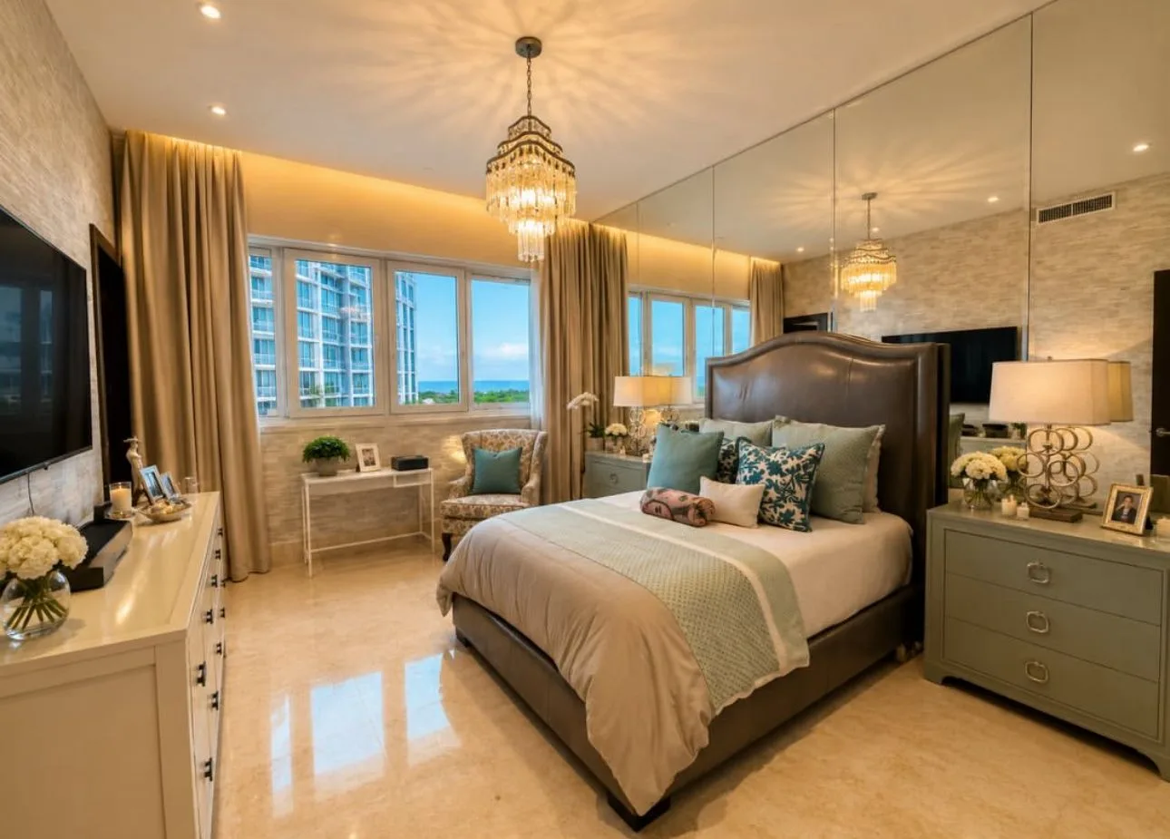 Luxurious bedroom suite with crystal chandelier and ocean views in the 608 m² luxury apartment at Santa Maria Golf & Country Club, Panama City