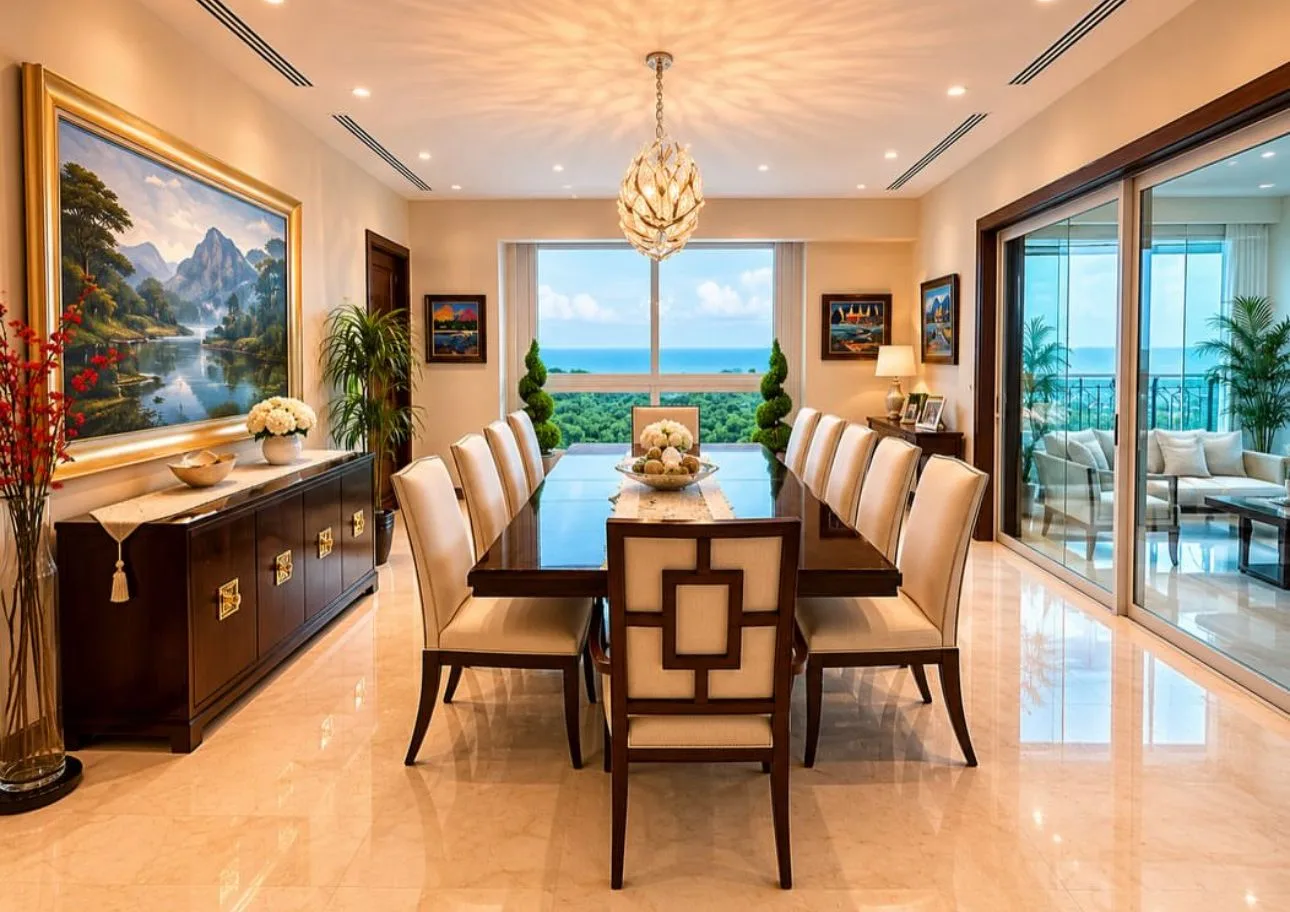 Formal dining room with ocean view and crystal chandelier in the 608 m² luxury apartment at Santa Maria Golf & Country Club, Panama City