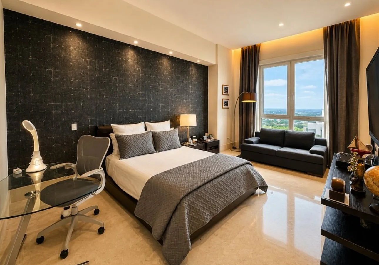 Modern secondary bedroom with dark accent wall and city views in the 608 m² luxury apartment at Santa Maria Golf & Country Club, Panama City