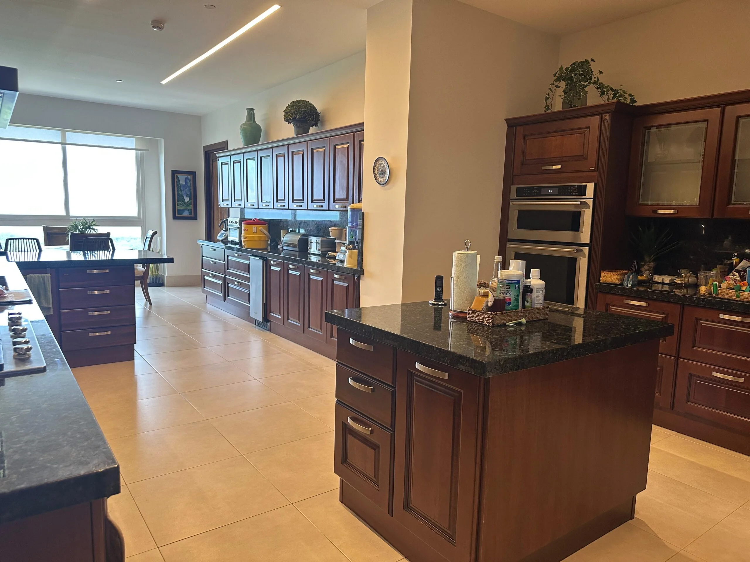 608 m² apartment chef kitchen with large island, built-in ovens and dark granite counters