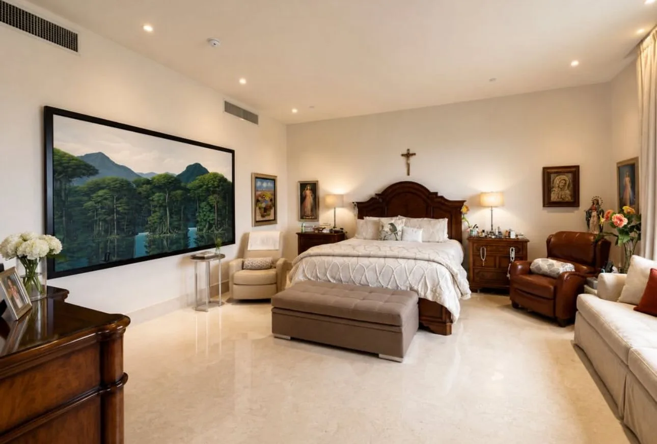 608 m² apartment master bedroom with large landscape painting and marble floors